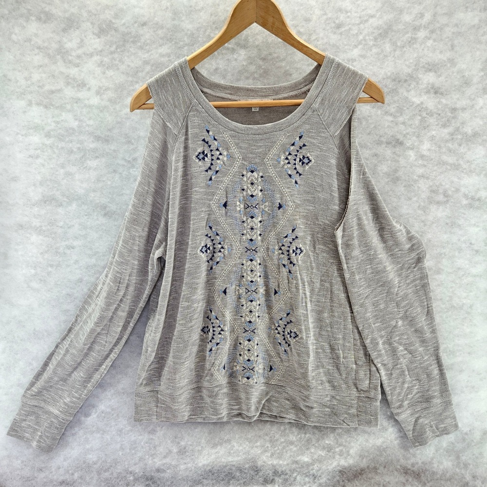 Miss Me Women's Gray Cold‎ Shoulder  Blue Embroidered Long Sleeve Top Medium